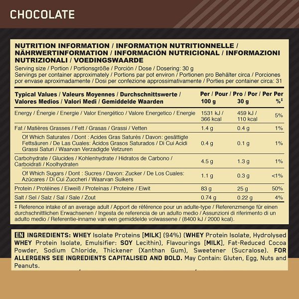 100% Isolate Gold Standard 930g (Optimum Nutrition) Chocolate - Image 2